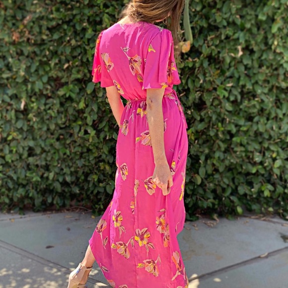 Short Sleeve Floral Print High-Low Wrap Dress - Picture 5 of 6